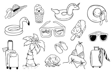Set of summer things for the beach isolated on a white background. Swimsuit, sunglasses, hat, beach slippers. Vector illustration drawn in doodle style. Design for decoration card, parties, website