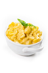 Parmesan Macaroni and Cheese or Mac and Cheese on White Background. Selective focus.