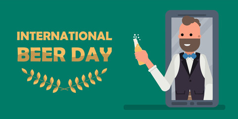 Happy man holding bottle of beer, Happy international beer day wiith social distancing concept. Flat vector illustration