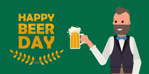 Happy person holding mug of beer. Happy international beer day concept on green background. Flat vector illustration