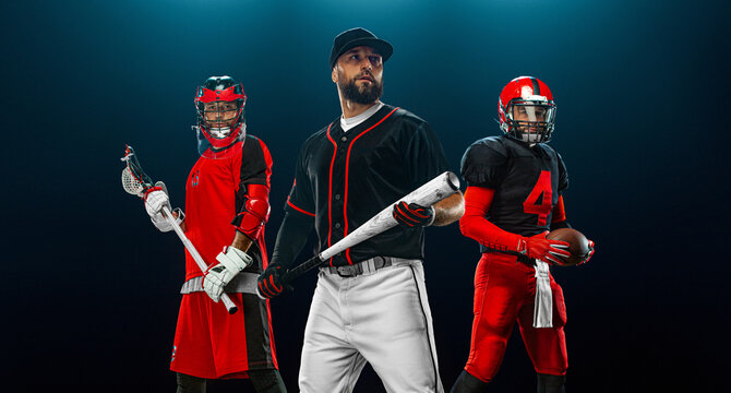 Group of athletes. Porfessional american football player in helmet with ball, lacrosse player with stick, and baseball player with bat. Sport and motivation wallpaper.
