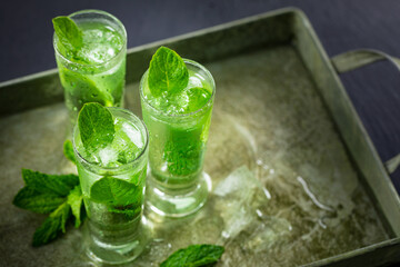 Summer Sweet Refreshing Mint Liqueur Cocktail Shots with Ice and Mint Leaves on Tray, Close View. Selective focus.
