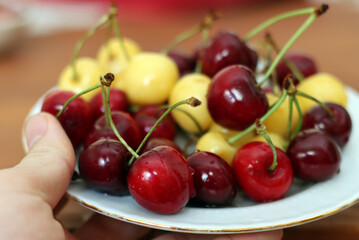Fresh sour cherries in a wihte plate and green leaves on the board. Fresh ripe sour cherries.