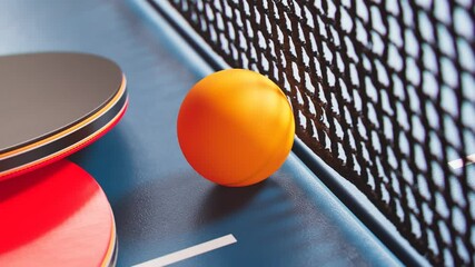 The camera is tilting up a table tennis ball. Ping pong ball, paddles and net. - Powered by Adobe