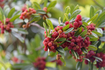 Red fruits of Japanese bayberry, on the branch
