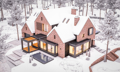 3d rendering of modern cozy clinker house on the ponds with garage and pool for sale or rent with beautiful landscaping on background. Cool winter evening with warm cozy light inside.