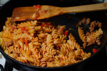 macaroni Bolognese in a pan