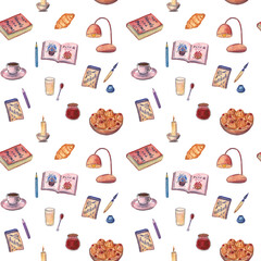 Seamless pattern with books, pens and pencils, lamps and cookies. Great background for book club, school and university. Warm, cozy and inspirational watercolor illustration. 