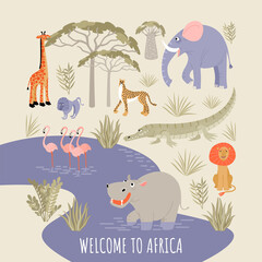 Welcome to africa banner. Vector illustration with river, african animals, birds and plants