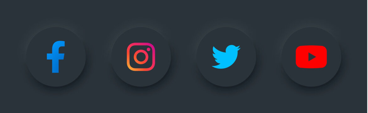 Set popular social app icons round shape Neomorphism design black colors: facebook, instagram, twitter, youtube