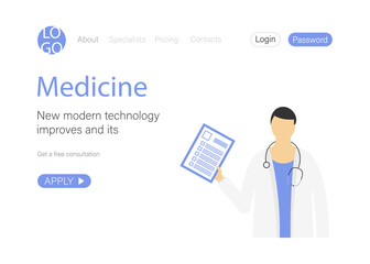 Doctor online. Template design web page medical and health services. Vector illustrative concept for website development. Doctor with a tablet welcomes on the site
