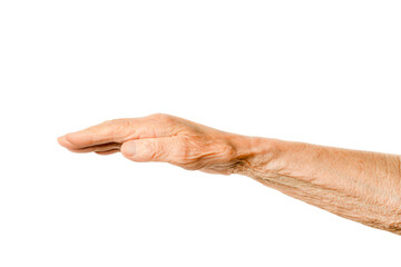 Old lady arm on a white background. Hand of elderly woman with open palm