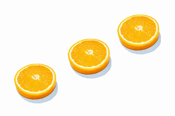 Collage of cut oranges. Orange on a white background.