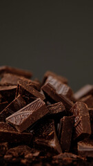 Chunks of sweet dark chocolate, close up, macro shot. Gourmet dessert ingredient