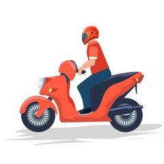 Delivery boy riding red motor bike. Flat and solid color vector illustration.