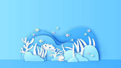 Illustration of underwater scene with coral reef and fish. paper cut and craft style. vector, illustration.