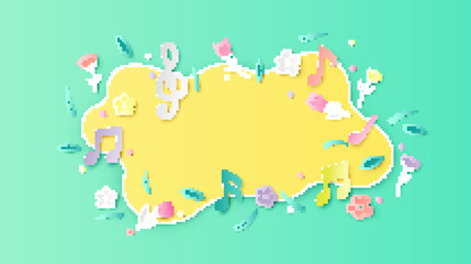 Spring background decorated with paper flower, leaves, music notes and blank space. Springtime frame design. paper cut and craft style. vector, illustration. © ibom