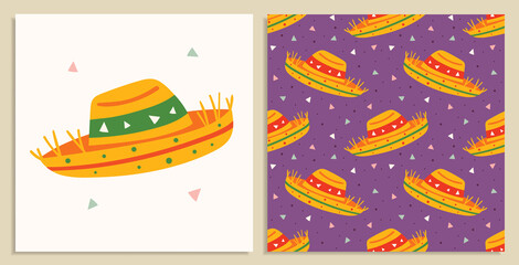 Little funny cute cartoon sombrero. Mexican national hat, clothes. Traditional wearing. Festival. Cartoon headwear. Fiesta. Party. Flat colourful vector seamless pattern, background. Card making.
