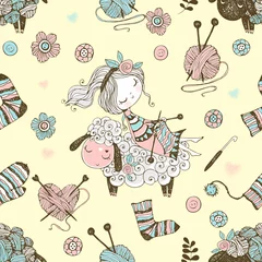 Fototapeten Seamless pattern with a cute knitter girl and a little sheep on the theme of knitting. Vector © Olga