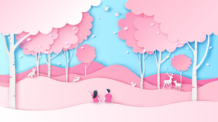 Honeymoon young couple are sitting and watching cherry blossom in Springtime. Nature scenery in spring. paper cut and craft style. vector, illustration.