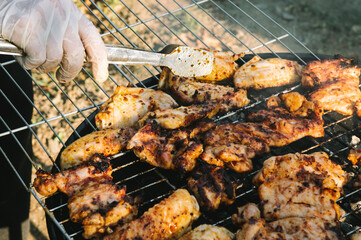 Assorted grilled chicken meats on the flaming grill