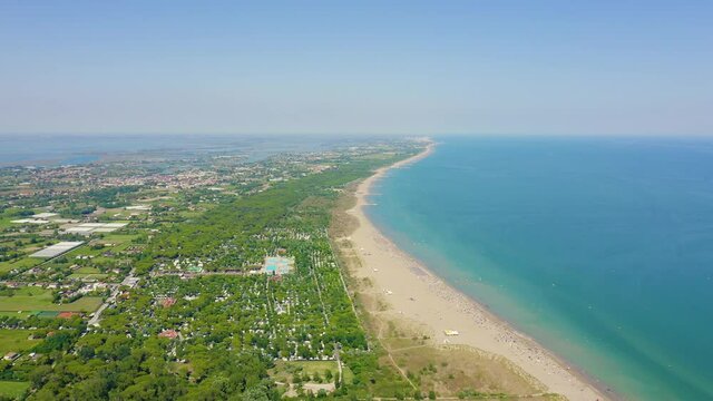 Venice, Italy. Beaches of Punta Sabbioni. Cavallino-Treporti. Clear sunny weather, Aerial View