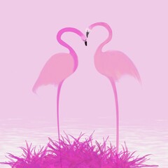 Exotic pink flamingos birds. Flamingo with rose feathers stand on one leg.illustration	