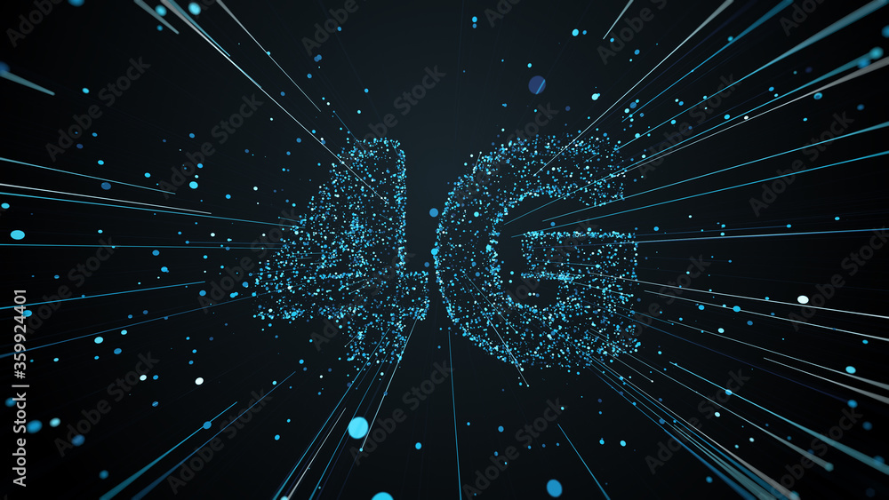 Poster 3d render of 4g title made of particles and trails that spread from the center of the screen. fast t
