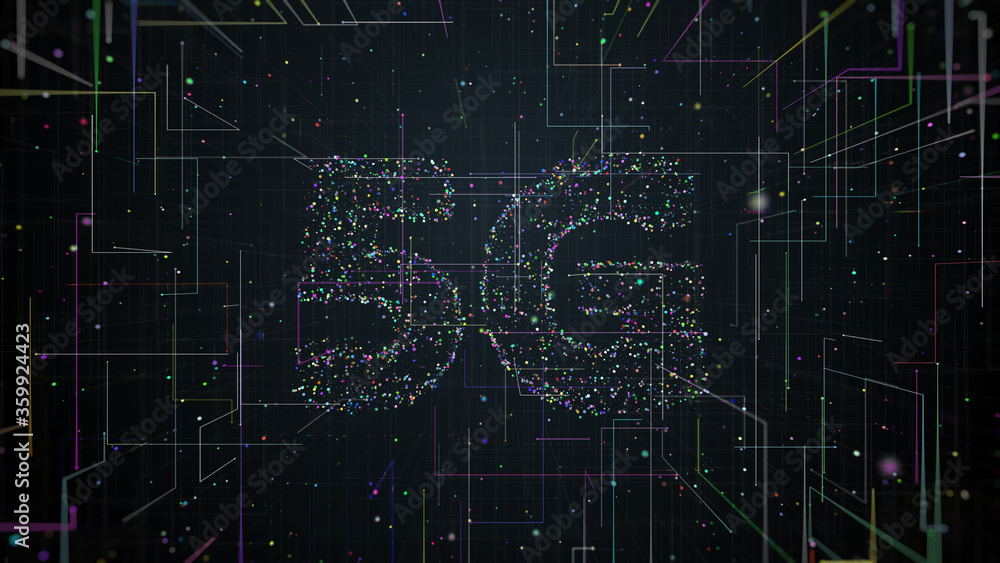 Poster 3d render of 5g title made of particles and trails that spread from the center of the screen. fast t