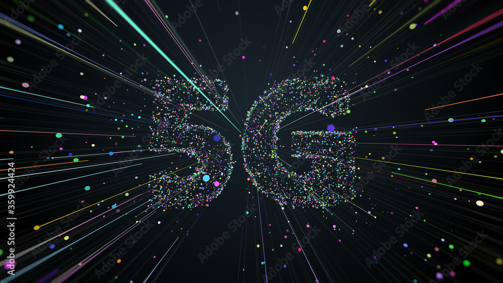 Poster 3d render of 5g title made of particles and trails that spread from the center of the screen. fast t