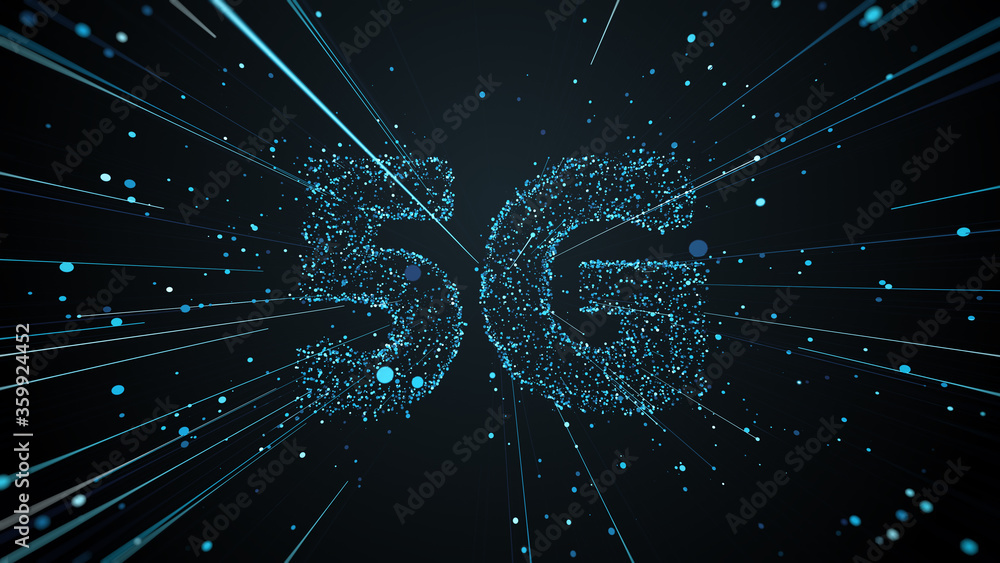 Poster 3d render of 5g title made of particles and trails that spread from the center of the screen. fast t