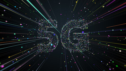 3d render of 5G title made of particles and trails that spread from the center of the screen. Fast technology communication.