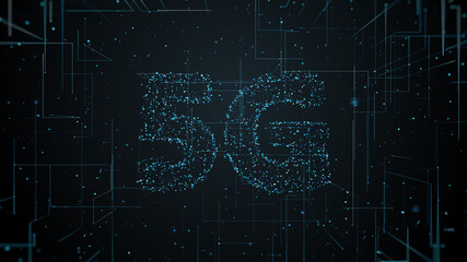 3d render of 5G title made of particles and trails that spread from the center of the screen. Fast technology communication.