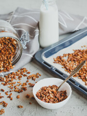 Organic homemade granola сereal with oats and walnuts. Healthy snack.