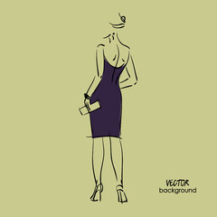 art  background with beautiful young woman  in party dress, with bijou; sketch vector