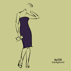 art  background with beautiful young woman  in party dress, with bijou; sketch vector