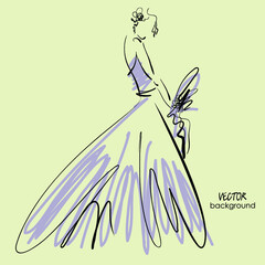 art sketching beautiful young  bride with the bride's bouquet.Vector background with space for text.