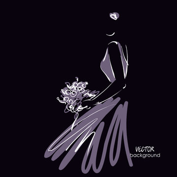 art sketching beautiful young  bride with the bride's bouquet.Vector background with space for text.