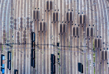 rail interchange yard, the view from top vertically downwards. A large transport hub for making up trains.