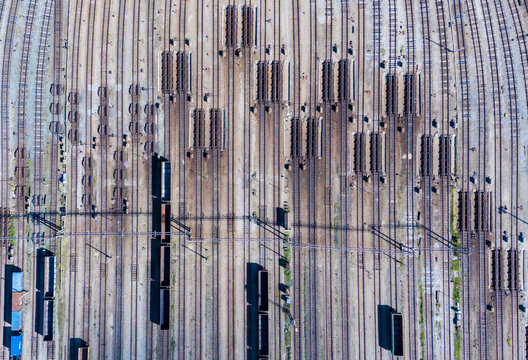 Rail Interchange Yard, The View From Top Vertically Downwards. A Large Transport Hub For Making Up Trains.