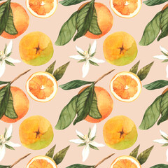 Seamless watercolor pattern with tangerines