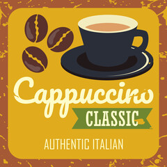 cup of coffee with coffee beans for coffee shop vintage poster. vector illustration	