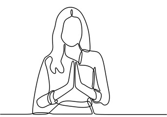 Drawing a continuous line of the ladies. Pretty woman standing and giving gestures welcome to guests or tourists with hand greetings by wai. Thai greeting concept. Vector design illustration © ngupakarti