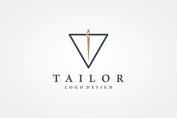 Tailor Logo. Gold Needle with Black Triangle Line Thread Combination isolated on White Background. Usable for Garment and Handmade Logos. Flat Vector Logo Design Template Element.