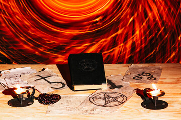 Occult ritual, opening spiritual dimentional portal, black and white magic symbols on altar