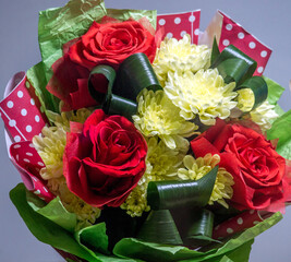 Bouquet of flowers, roses with chrysanthemums.