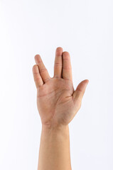 Close up of hand with show live long and prosper hand sign. Isolated on white background, place for text or sign. Positive concept.