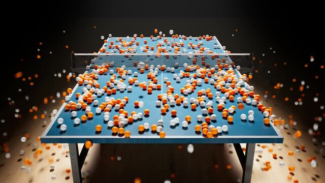 Animation of a huge amount of ping pong balls falling down on a table and floor.