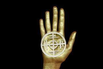 New age modern magic, occult symbol for your ritual. Wheel of Fortune in hand. Pop art style in...