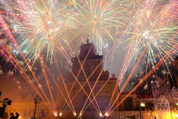 fireworks in front of the basilica of San Sebastiano in Palazzolo Acreide, Sicily